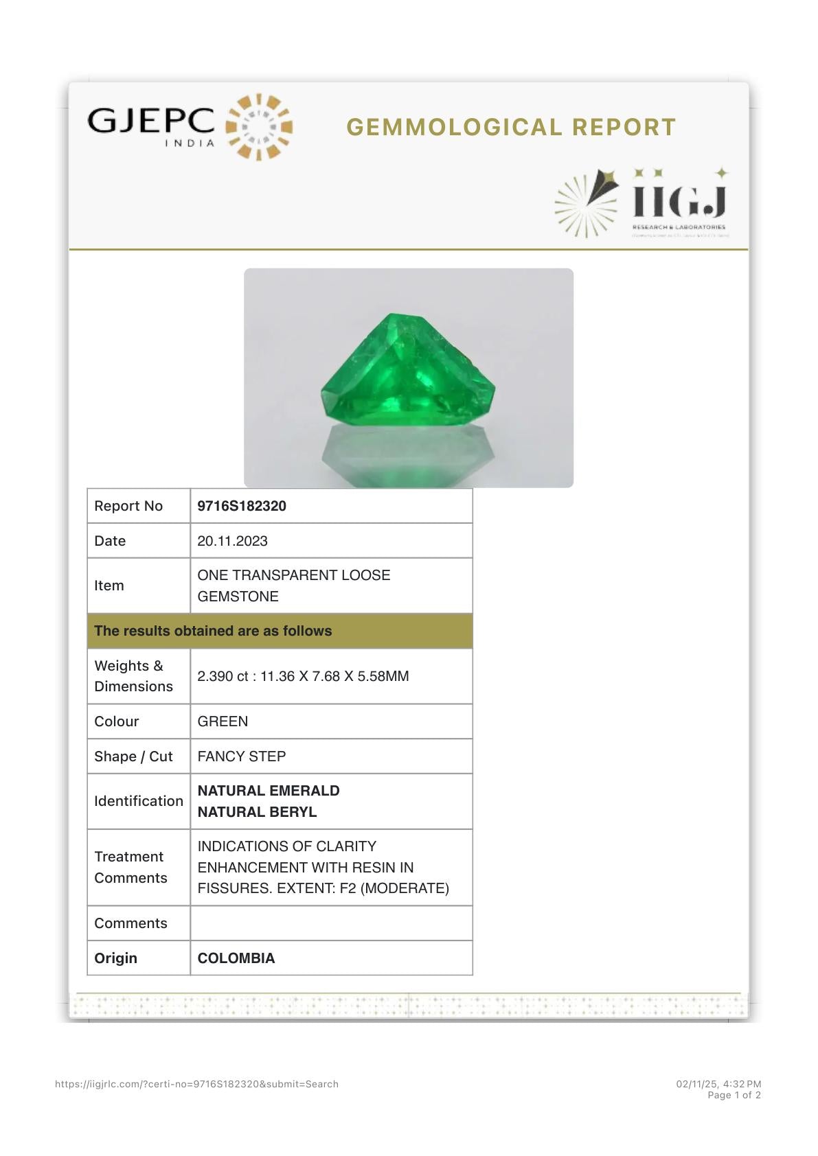 Colombian Emerald Ring 1.08 carats