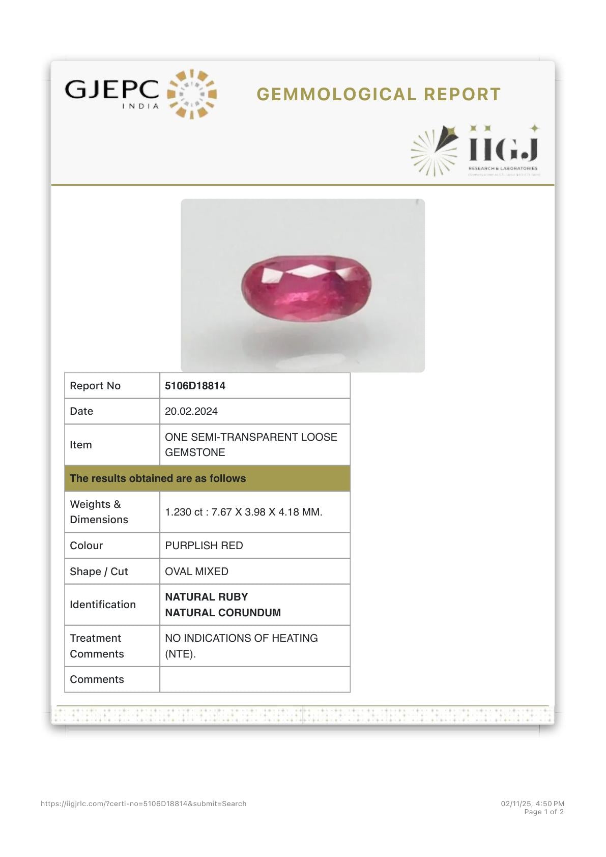 Burma Ruby Ring 1.23 carats