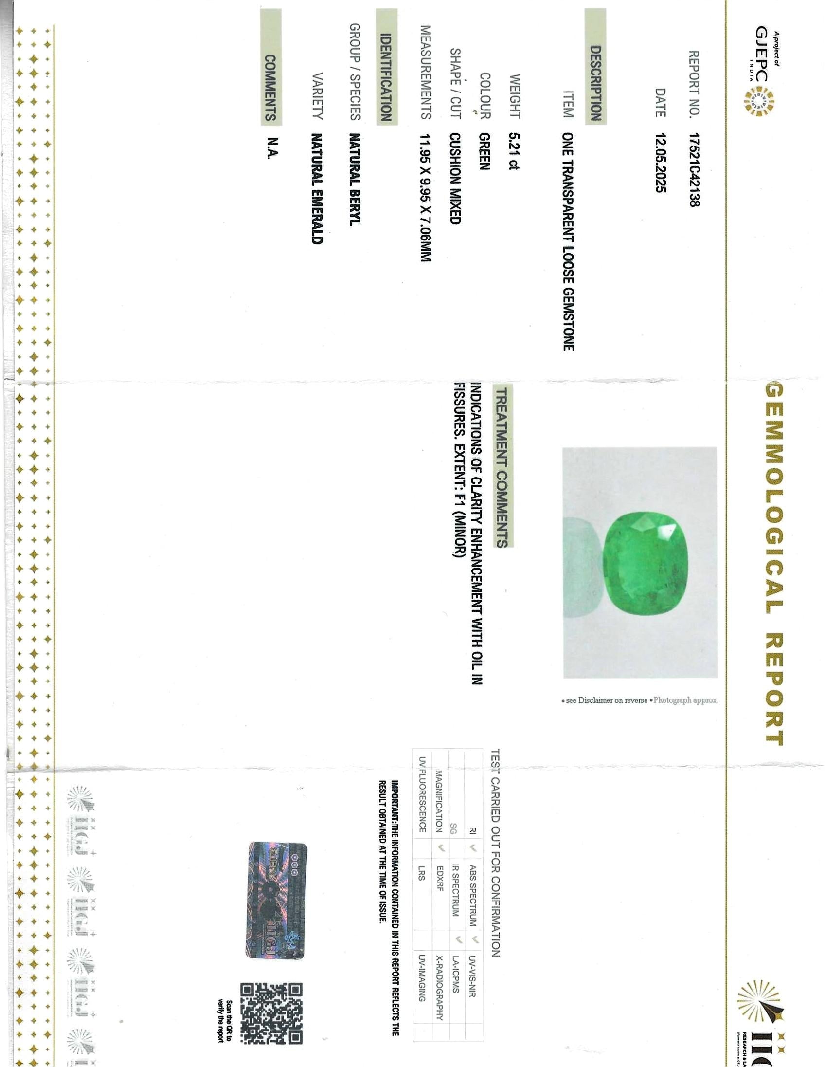 Cushion Shaped 5.21 carat Natural Emerald