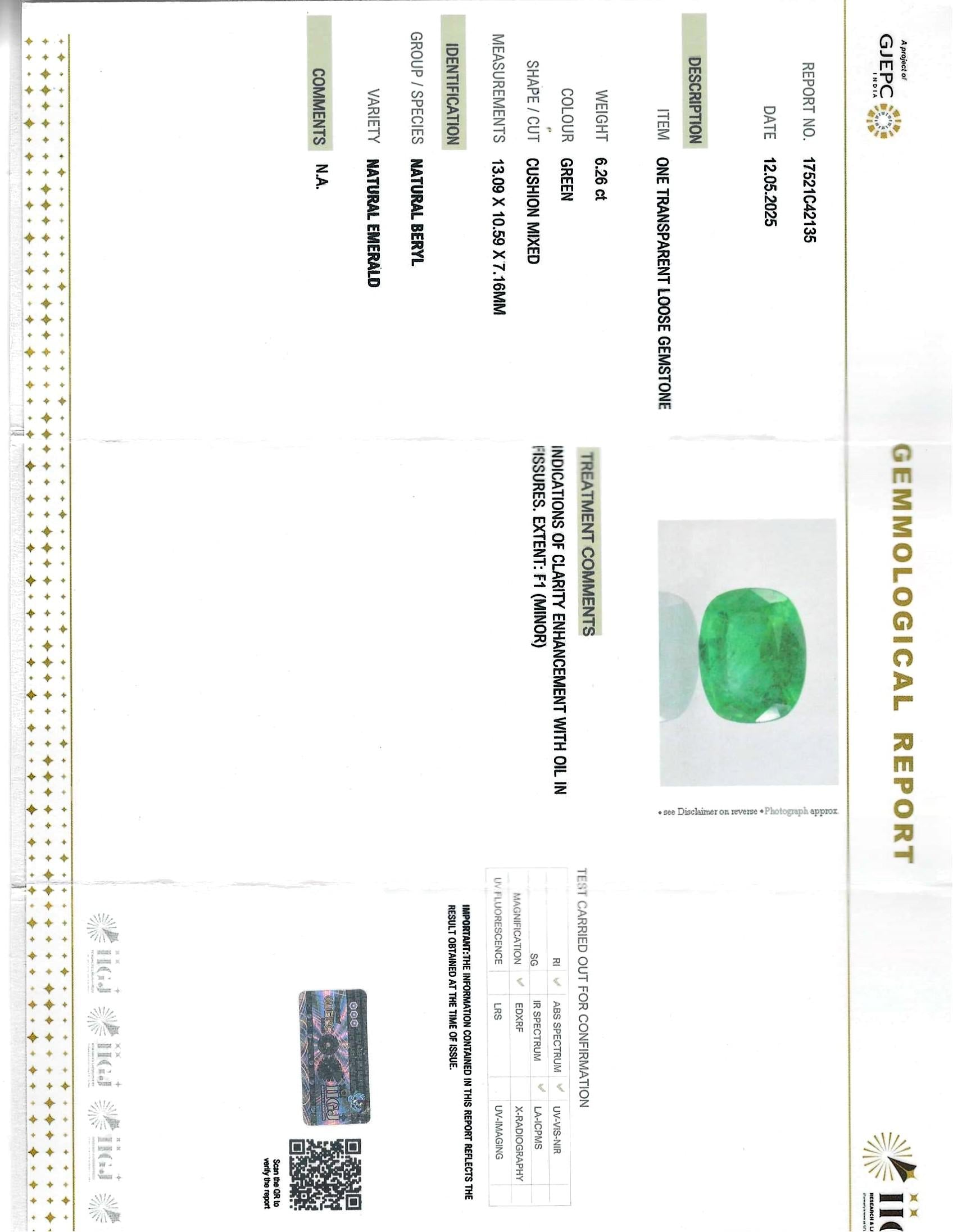 6.26 carat cushion-shaped natural Green emerald