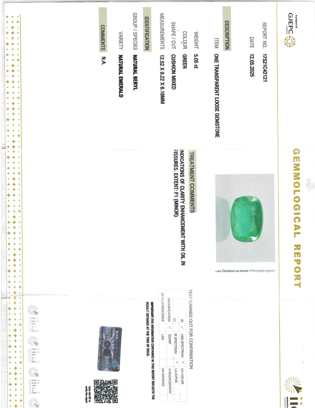 5.05 carat natural green Emerald